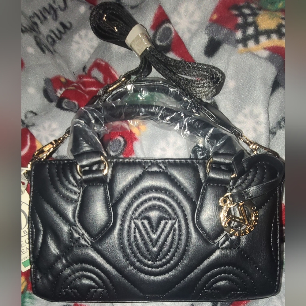 NWT! Small Valentino Orlandi Black Quilted Vegan Leather Crossbody Bag V-2014